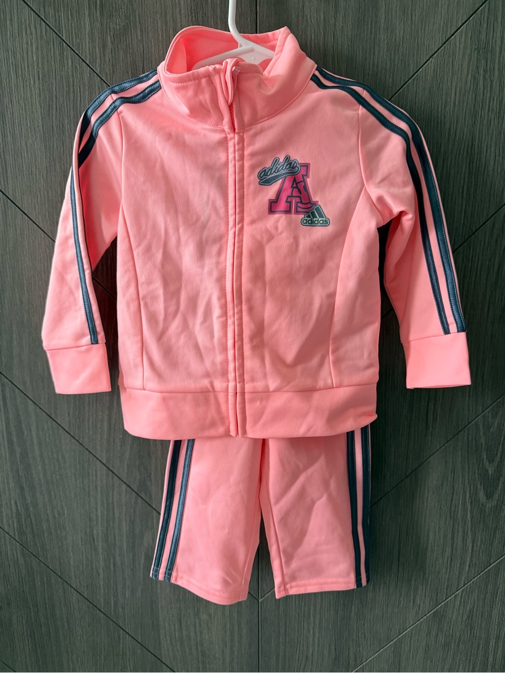 adidas Pink Toddler Girls Tracksuit with Navy Stripes